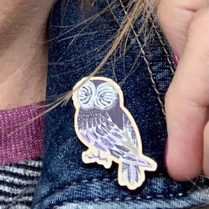 Owl wooden pin badge