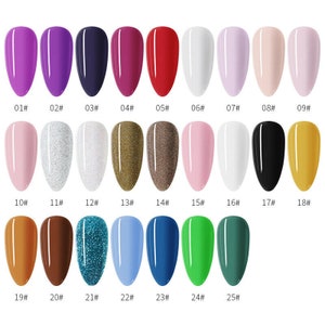 May include: A set of 25 nail polish colors in small bottles. The colors include red, pink, white, black, blue, green, gold, silver, and brown. The bottles are numbered 01 through 25.