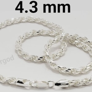 Silver Real Solid 925 Sterling Silver Rope Chain Diamond-Cut Chain Necklace 4.3mm Thickness/Width Choose Length  by Jargod