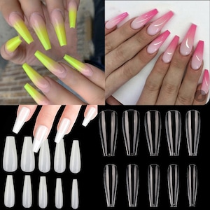 May include: A set of 10 clear, long, coffin-shaped false nails. The nails are designed for use with gel or acrylic nail polish.