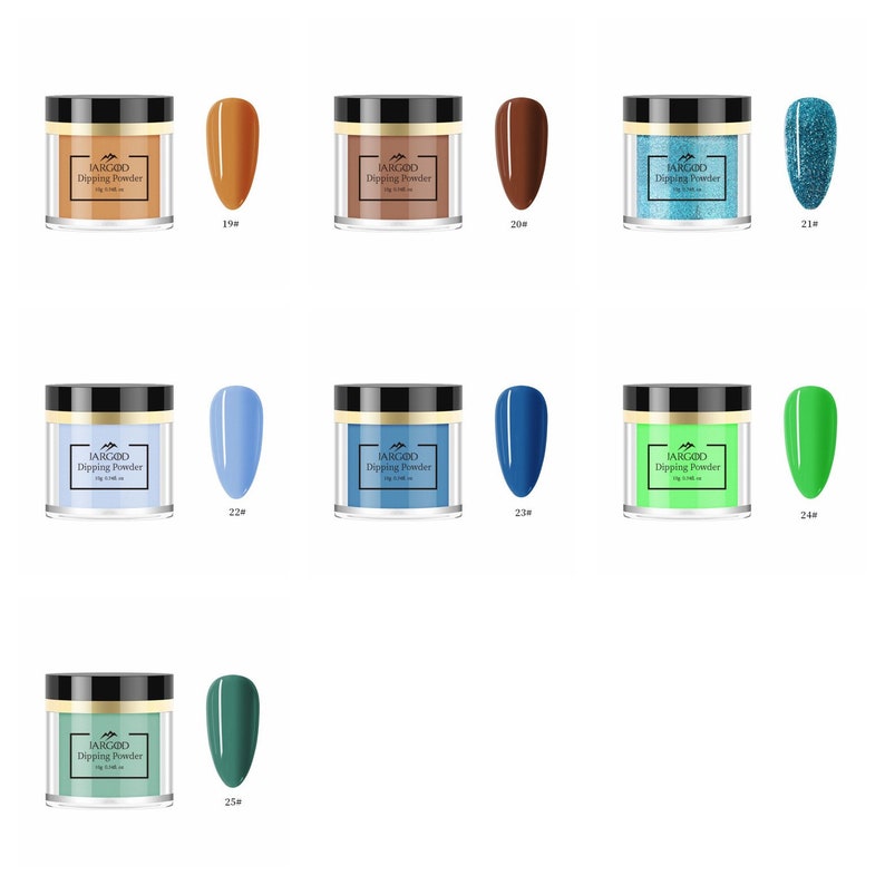 May include: Ten jars of dipping powder for nails in various colors, including brown, blue, green, and glitter. Each jar has a black lid with gold lettering that reads "JARODO Dipping Powder".
