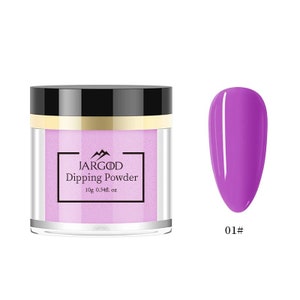 May include: A jar of purple dipping powder for nails. The jar is labeled "JARGOD Dipping Powder 10g 0.34fl. oz". A purple nail polish color swatch is shown next to the jar, labeled "01#".