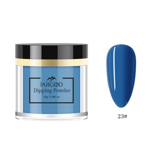 May include: A jar of blue dipping powder for nails, labeled "JARGOD Dipping Powder 10g 0.34fl. oz" with a nail polish swatch showing the color of the powder labeled "23#"