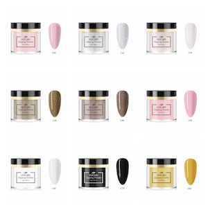 May include: Nine jars of dipping powder for nails in various colors, including pink, silver, gold, brown, white, black, and yellow. Each jar has a black label with the text "JARGDO Dipping Powder" and a number.