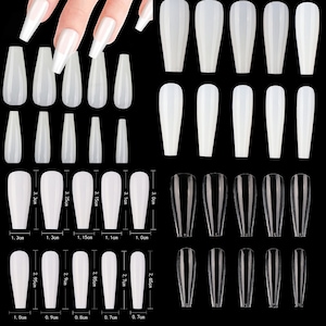 May include: A set of 20 clear, white, and translucent false nails in various sizes. The nails are shaped like a coffin and have a smooth, glossy finish. The nails are arranged in rows with measurements in centimeters.