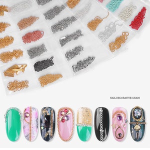May include: Assortment of gold, silver, and colored nail chains in various styles and sizes.  The chains are packaged in clear plastic bags.  The image also shows examples of how the chains can be used to decorate nails.
