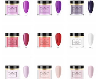 May include: Nine jars of dipping powder for nails in various colors. The jars are labeled "JARGOO Dipping Powder" and have a number on the bottom. The colors are: 01# purple, 02# purple, 03# dark blue, 04# burgundy, 05# red, 06# white, 07# light purple, 08# pink, 09# light pink.