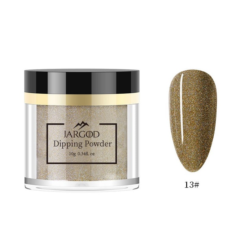 May include: A jar of gold glitter dipping powder for nails. The jar is labeled "Jargod Dipping Powder" and "10g 0.34fl. oz". A sample of the glitter powder is shown on a nail, labeled "13#"