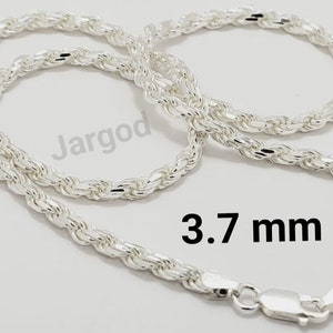 Silver 925 Sterling Silver Solid Rope Chain Diamond Cut Necklace High Polish for Men and Woman Unisex 3.7mm Thickness/Width by Jargod