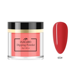 May include: A clear jar with a black lid and a gold band contains a coral-colored dipping powder. The label reads "JARGOD Dipping Powder 10g 0.34fl. oz". A coral-colored nail polish swatch is shown with the number "05#" below it.