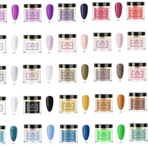 May include: A set of 25 small jars of dipping powder for nails. The jars are arranged in five rows of five jars each. The jars are all the same size and shape, and they are all filled with a different color of powder. The colors include white, black, red, blue, green, yellow, pink, purple, and brown.