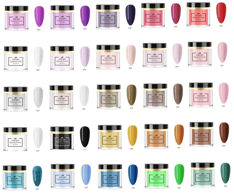 May include: A set of 25 small jars of dipping powder for nails. The jars are arranged in five rows of five jars each. The jars are all the same size and shape, and they are all filled with a different color of powder. The colors include white, black, red, blue, green, yellow, pink, purple, and brown.