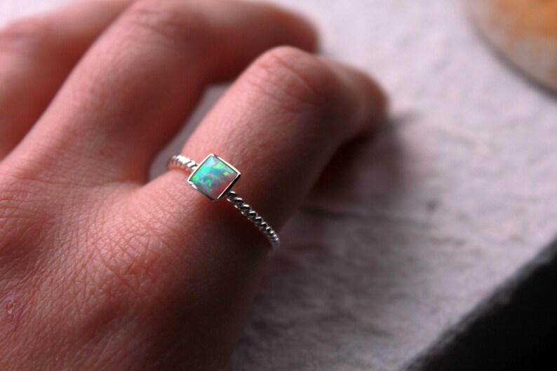 Sterling Silver Rope Ring With Square Opal Stone