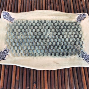 Ceramic woven fish tray, Pottery serving plate ,Handmade Ceramic dinnerware, serving dish Platter, father unique gift. Israeli art.