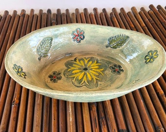 Oval ceramic yellow flowers bowl, Pottery serving dishes, Mother candy dishes gift from Israel..