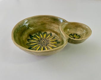 Handmade Pottery, Sunflower serving small bowls dishes , Ceramic double dish for olive or snacks Hostess unique gift , Israeli  gift.
