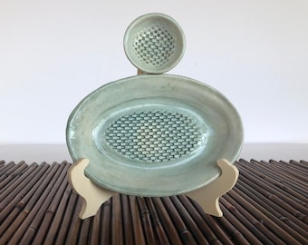 Small oval ceramic fish woven tray with a small bowl set .pottery serving dishes ISRAELY ART.