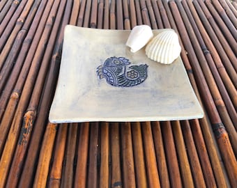 Handmade Ceramic Serving Plate: Blue Fish Design, Israeli Gift