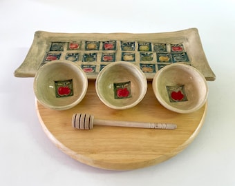 Handmade Ceramic large serving tray with bowls set, Pottery dishes plate with apple decoration , Holidays Pottery gift from Israel.