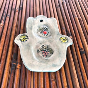 Hamsa ceramic wall  decoration with pomegranate and grapevine, Judaica wall designs, Jewish home gift,  Israeli Pottery art.