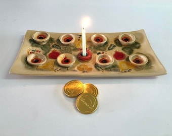 Chanukah ceramic Menorah,  Pottery Kosher Hanukkiah with pomegranate & seven spices ,Judaica Jewish menorah gift,  Israeli art.