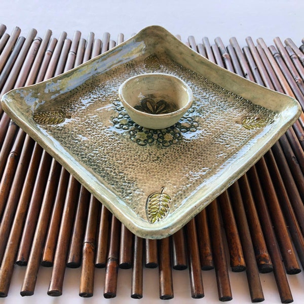 Ceramic lace serving set: plate with little bowl. Handmade Pottery serving dishes, Unique plate set from Israel.