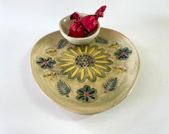 Handmade Pottery, sunflower serving tray with a bowl set, Ceramic serving dish plate  ,Hostess meaningful gift , Israeli gift.