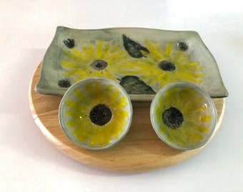 Big Sunflower Ceramic tray with 2 bowls ,Large  serving dish plate set, Pottery cake tray set ,Unique flowers tray , Holidays Israeli gift.