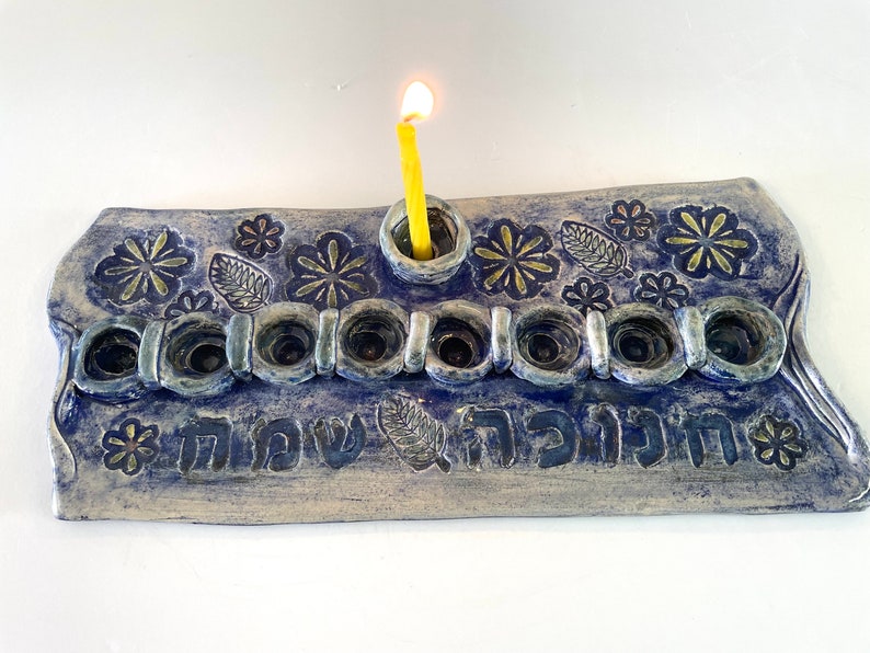 Menorah Ceramic Kosher Chanukkiah, One of a Kind Handmade , Unique Blue
