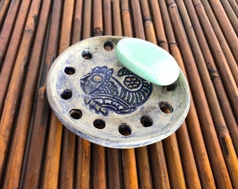 Ceramic round soap dish with fish decoration, Pottery Housewarming gift