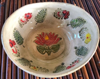 Small ceramic oval bowl with lotus flower decoration, Pottery serving bowl ,Israeli pottery art