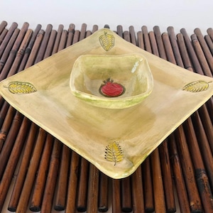 Grenade, service 2 pièces en céramique : petite assiette avec bol, plateau de vaisselle de service en poterie de Holly Land, cadeau de poterie israélienne.