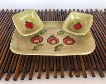 Pomegranate ceramic  serving set: tray with two small ceramic bowls,  holidays gift, Judaica Jewish art from Israel.