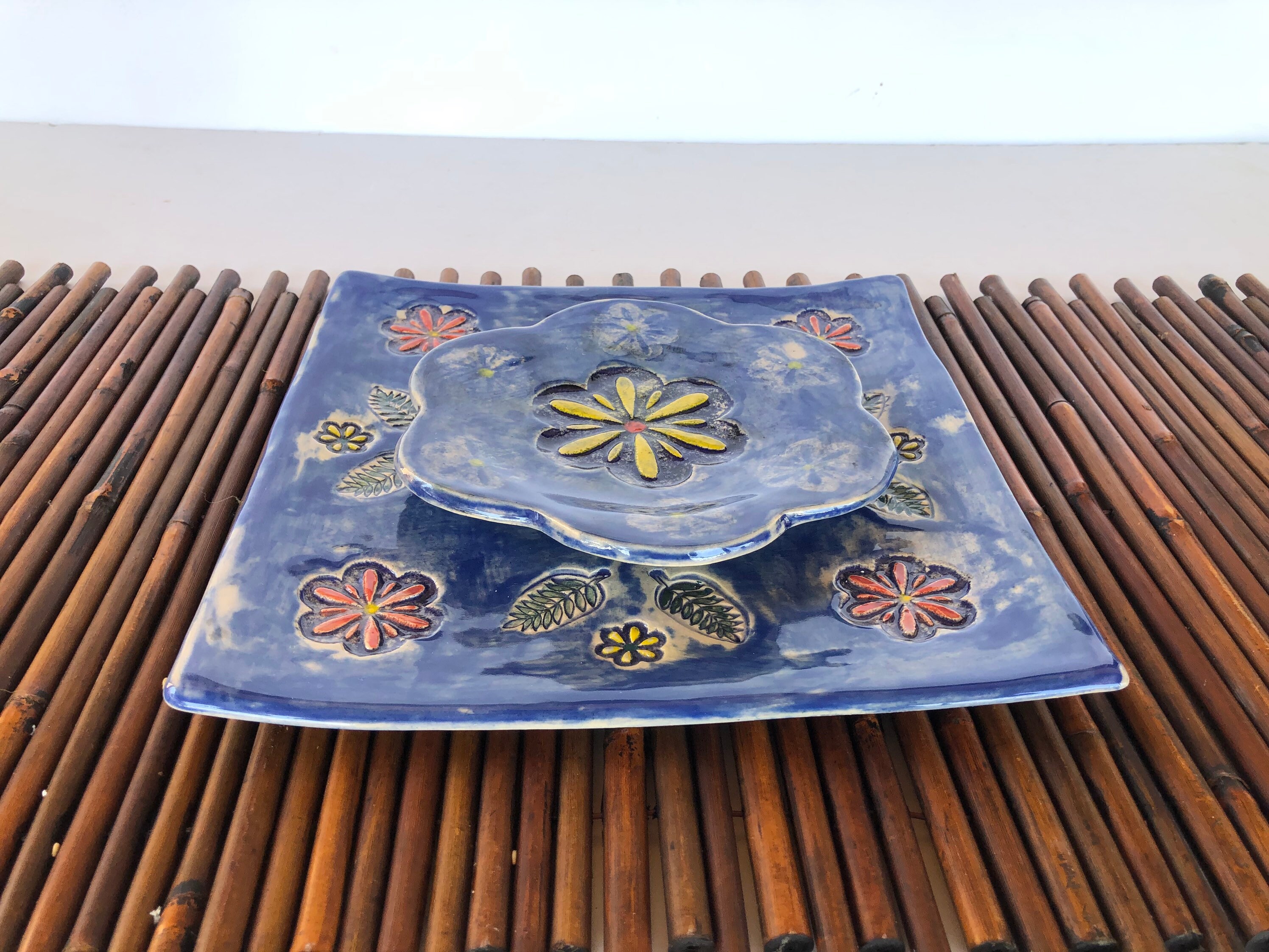 Blue sunflower set plates, Ceramic serving tray ,Hand painted flower plate , Pottery serving dishes ,Israeli  Gift, Graduation unique gift.