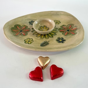 Large Ceramic serving plate with a small bowl, Colorful dishes plate with flowers decoration. Unique big fruit tray, Israeli Wedding gift.