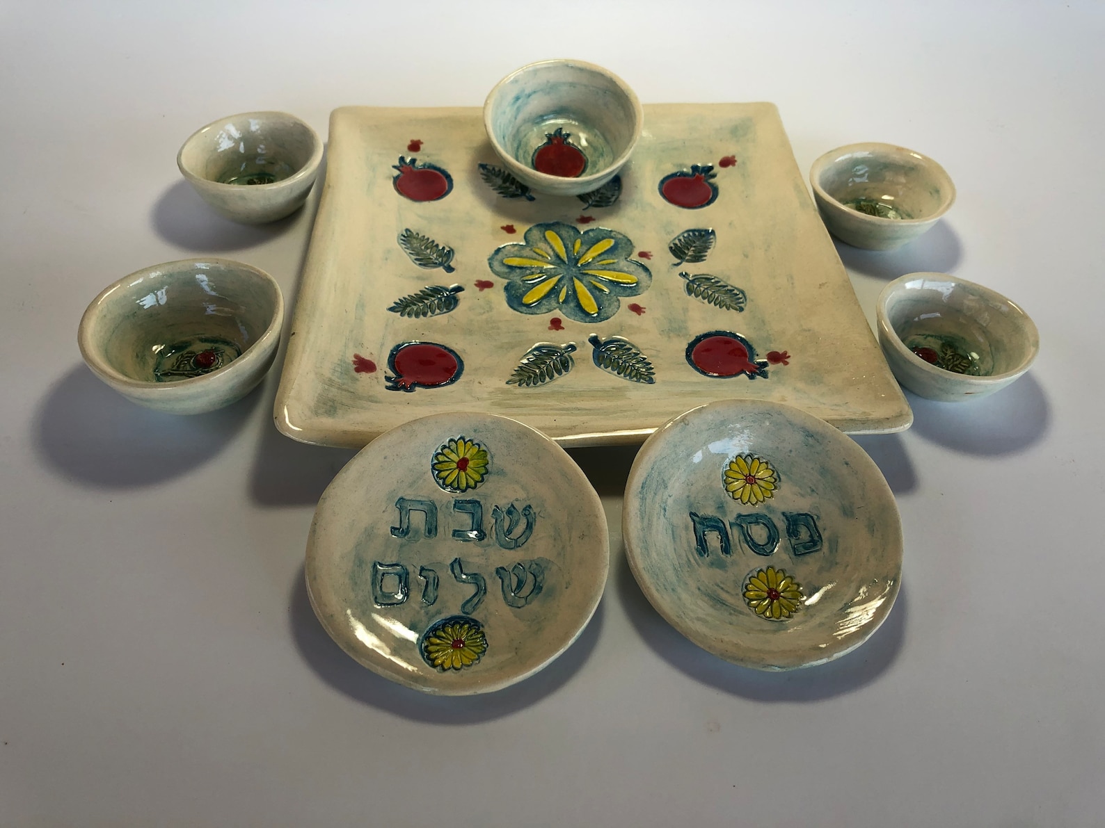 Handmade Passover Seder Plate Set: Pomegranate Ceramic Judaica Israeli Gift