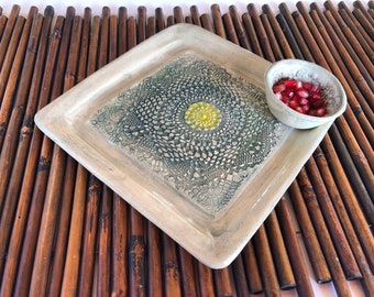 Square serving  plate with small dip bowl, ceramic set for honey and apple ,Rosh Hashana gift.