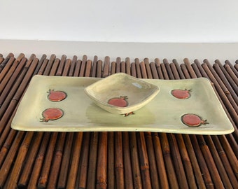 Pomegranate ceramic serving set , Judaica pottery plate for honey and apple,  Rosh Hashanah gift from Israel.