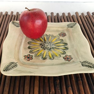 Square ceramic serving plate with wavy edges and yellow and red blossom flower decoration, Pottery serving tray. . Graduation Israeli gift