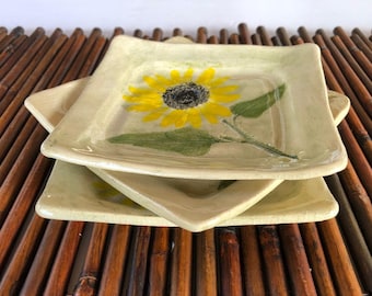 Sunflower Ceramic plate set, 3 serving plates ,stoneware dessert plate, Handmade Pottery small serving dishes , Israeli meaningful gift.
