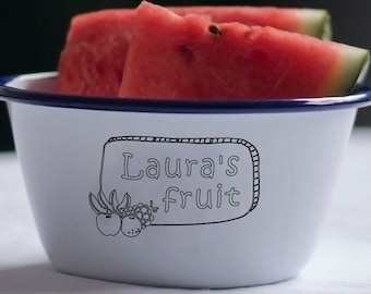 Personalised Fruit Snack Bowl, Individual Fruit Salad Bowl, Breakfast Bowl, Custom Pudding Bowl / Dessert Bowl, White Enamel Bowl Blue Rim