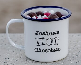 Personalized Enamel Hot Chocolate Mug – Engraved Christmas Gift