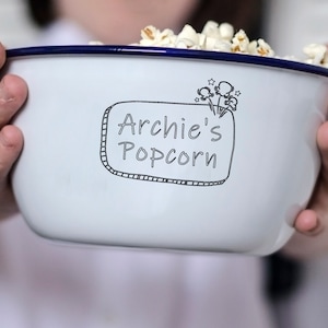 Personalised Enamel Popcorn Bowl - Custom Name Snack Bowl, Movie Night Gift, Popcorn Lover Present, Housewarming Gift