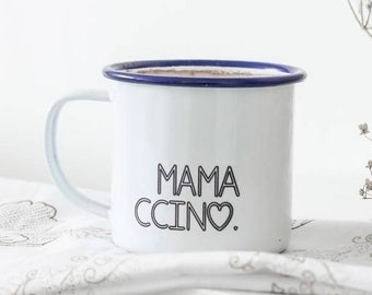 Personalised Mum Enamel Mug - Mamaccino - Engraved Enamel Mug - New Mum Gift - Mug Gift - Personalised Mug - White Blue Rim