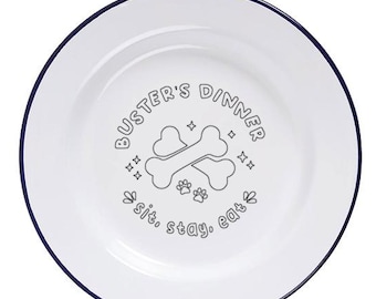 Personalised Enamel Dog Bowl, Custom Engraved Pet Food Dish, Enamelware Soup Plate for Dogs, Unique Puppy Gift, Durable Metal Dog Cat Bowl