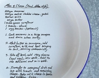 Handwritten Recipe - Engraved Enamel Shallow Bowl - Personalised Bowl For Pasta, Rice, Dinners etc