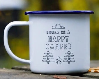 Personalised Enamel Camping Mug - Happy Camper - Engraved Enamel Mug - Camping Gift - Mug Gift - Personalised Mug