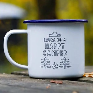 Personalised Enamel Camping Mug - Happy Camper - Engraved Enamel Mug - Camping Gift - Mug Gift - Personalised Mug