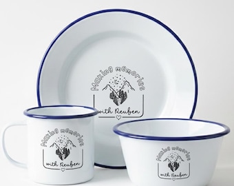 Personalised Enamel Adventure Set | Engraved Family Camping & Garden Dining Trio