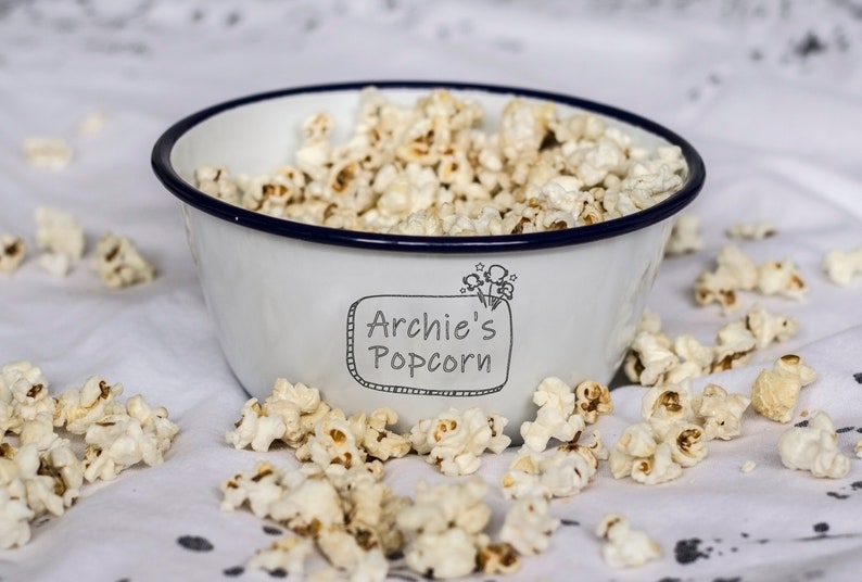Personalised Enamel Popcorn Bowl - Custom Name Snack Bowl, Movie Night Gift, Popcorn Lover Present, Housewarming Gift
